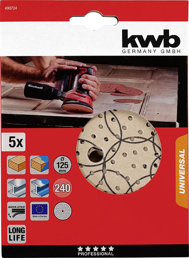 Verpackung für Schleifscheiben: Enthält 5 Stück, geeignet für Holz und Metall, Durchmesser 125 mm, Körnung 240, Quick-Stick-System.