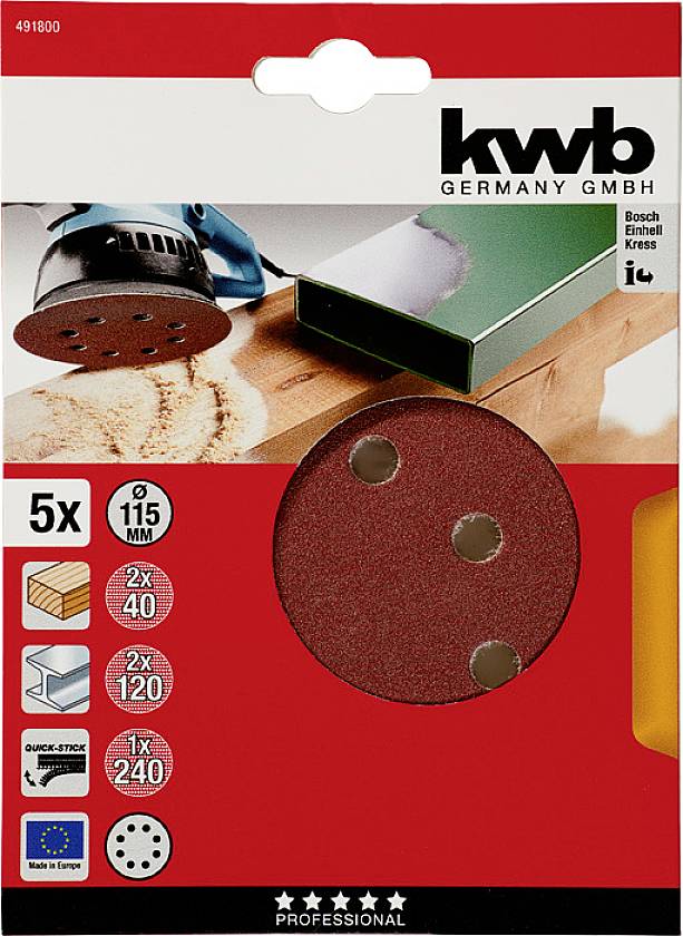 Eine Packung Schleifscheiben der Marke kwb, geeignet für Exzenterschleifer, enthält 5 Stück; Körnungen: 2x 40, 2x 120, 1x 240.