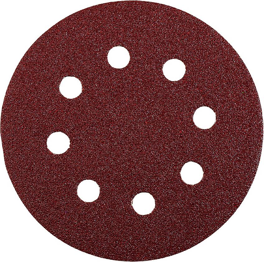 Runde Schleifscheibe aus rotem Schleifpapier mit acht gleichmäßig verteilten Löchern, verwendet für maschinelles Schleifen.