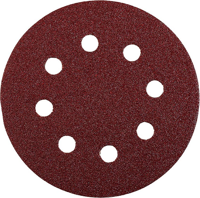 Ein rotes Schleifpapier im kreisrunden Format mit acht gleichmäßig verteilten Löchern.