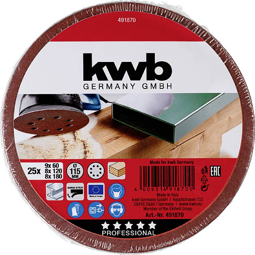 'Kwb Germany GmbH' Schleifscheiben, 25er-Pack, für Holz, Metall, Farbe. Durchmesser: 115 mm. Körnungen: 60, 80, 120, 180.
