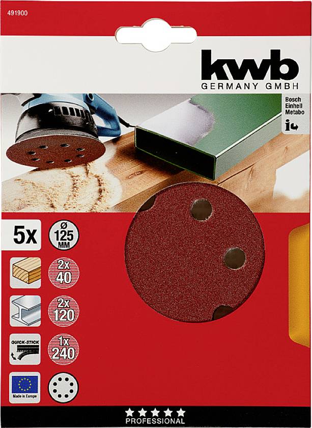 5er-Pack Schleifpapier, 125 mm Durchmesser, kompatibel mit Bosch, Einhell, Metabo. Enthält Körnungen: 40 (2x), 120 (2x), 240.
