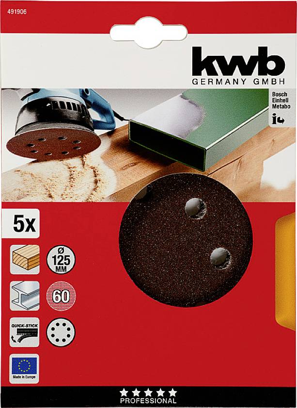 Jahresverbrauch von Schleifscheiben: 5er-Pack, Ø125 mm. Geeignet für Holz, Kunststoff, Metall; kompatibel mit Bosch, Einhell, Metabo.