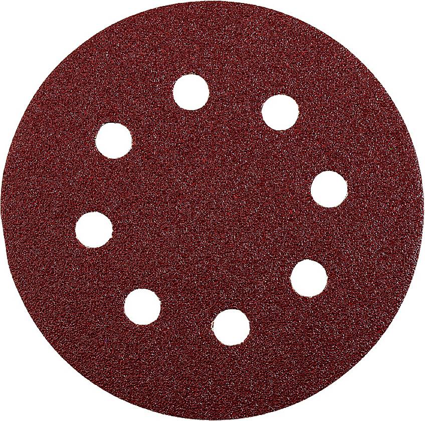 Ein rundes, rotes Schleifpapier mit acht gleichmäßig verteilten Löchern.