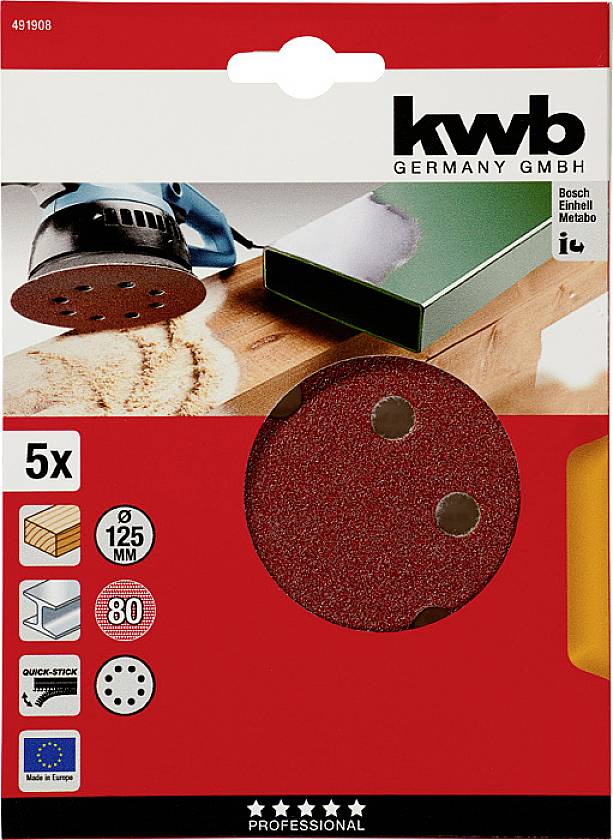 Verpackung für kwb Schleifscheiben, 125 mm, 5 Stück. Geeignet für Holz und Metall. Bild einer Schleifscheibe mit Schleifer.