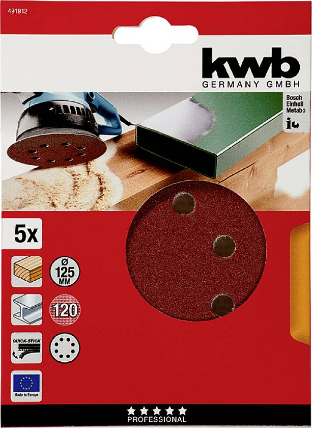 Verpackung von Schleifscheiben 'kwb Germany GmbH', geeignet für Holzarbeiten, Durchmesser 125 mm, Set mit 5 Stück, Korn 120.