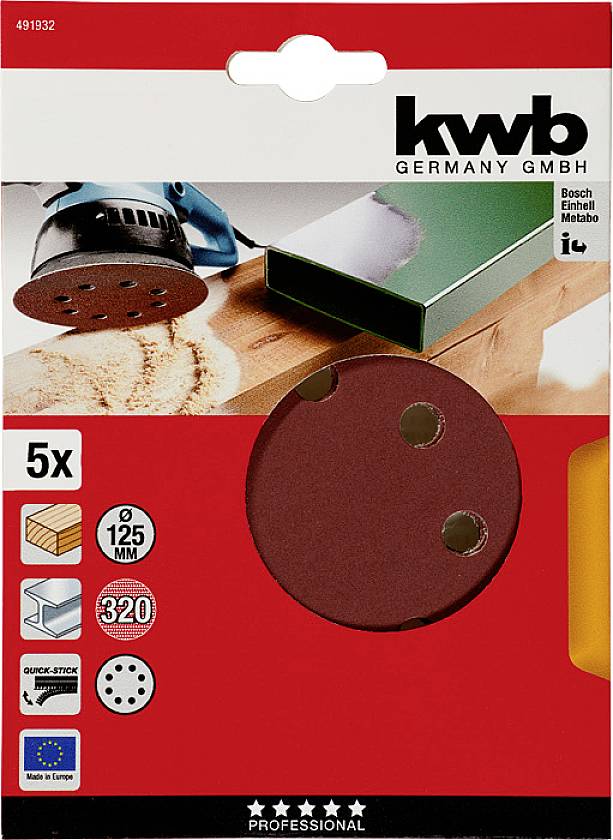 Sandpapier-Verpackung mit Text 'kwb GERMANY GMBH', zeigt Schleifscheiben für Schleifmaschinen. Geeignet für Holz, mit 125 mm Durchmesser.