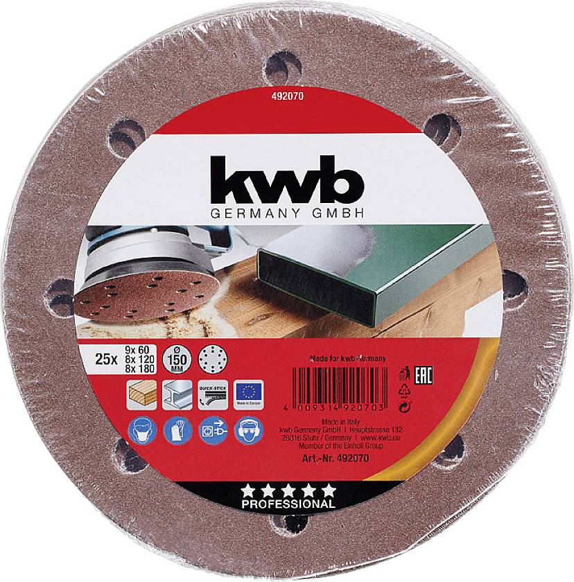 Kreisförmige Schleifscheiben-Verpackung von 'kwb Germany GmbH', zeigt Schleifpapier und Holz in Nahaufnahme. Enthält Details zu Körnung und Menge.