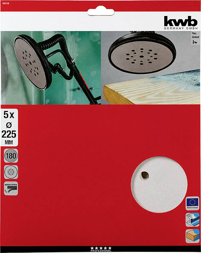 Verpackung von Schmirgelpapier mit Klettverschluss, 5 Stück, 225 mm Durchmesser. Zeigt Anwendung auf Schleifgerät und Holzoberfläche.