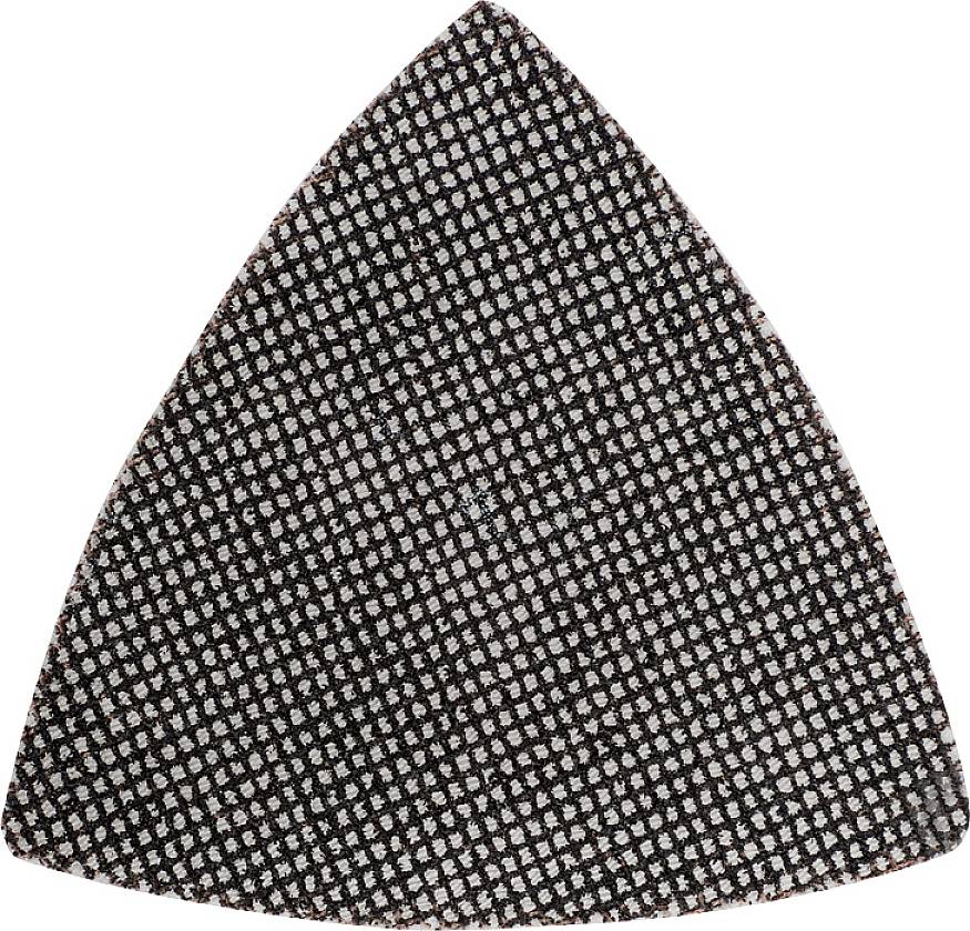 Dreieckiges Schleifpad mit grober Textur, hauptsächlich in Schwarz und Grau, verwendet für Schleifarbeiten an verschiedenen Materialien.