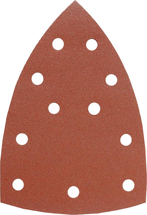Ein rotes Schleifpapier in Dreiecksform mit mehreren runden Löchern, verwendet für Schleifmaschinen.
