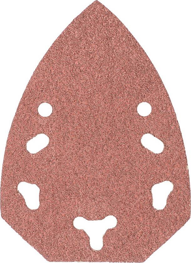 Rotes Schleifpapier in dreieckiger Form, mit mehreren Löchern für eine Schleifmaschine.