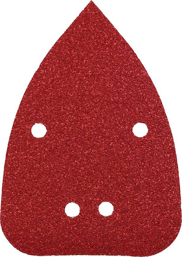 Rotes Schleifpapier in Tropfenform mit fünf Löchern, verwendet für elektrische Schleifmaschinen.