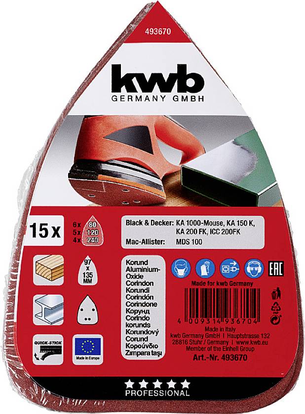 Kwb 493670 Deltaschleifpapier Körnung (num) 80, 120, 240 (L x B) 136mm x 96mm 15St.