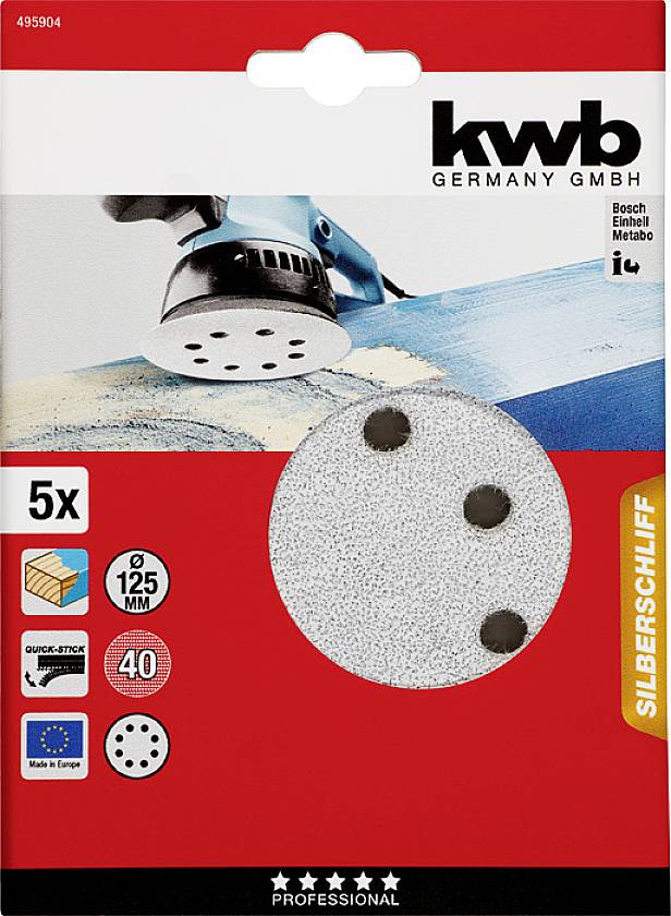'KWB Germany GmbH' Schleifscheiben-Verpackung für 125 mm Durchmesser, Korn 40, mit fünf Schleifscheiben, passend für Bosch, Einhell, Metabo.