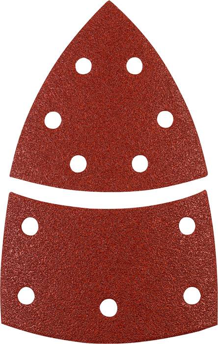 Rotes Schleifpapier mit mehreren Löchern, in einer für Dreieckschleifer passenden Form zugeschnitten, getrennt in zwei Teile.