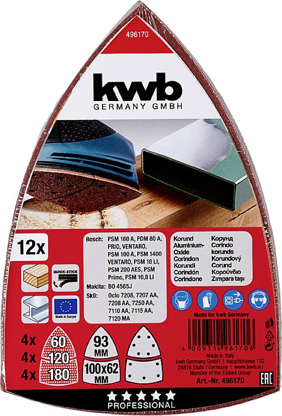 Kwb 496170 Deltaschleifpapier Körnung (num) 60, 120, 180 (L x B) 62, 93 mm, mm x 100mm 12St.