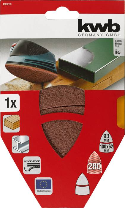 Rotes Schleifpapier-Set von kwb, geeignet für Holz und Metall. Größe 93mm, Körnung 280, hergestellt in Europa, 1 Stück.
