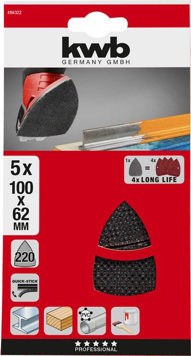 Schleifpapier-Set von kwb, bestehend aus 5 Blättern, 100 x 62 mm, geeignet für Holz, Kunststoff und Metall, Körnung 220.