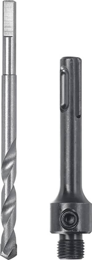 Zwei Bohreraufsätze in unterschiedlicher Größe und Form: links ein langer, schmaler Bohrer; rechts ein kürzerer, dickerer Adapter.