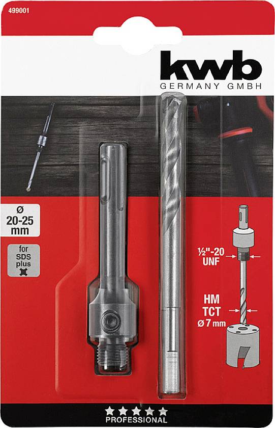 Bohrer-Adapter-Set von kwb: Adapter und Bohrer mit SDS-Plus-Aufnahme im Blisterpack, geeignet für Durchmesser 20-25 mm.