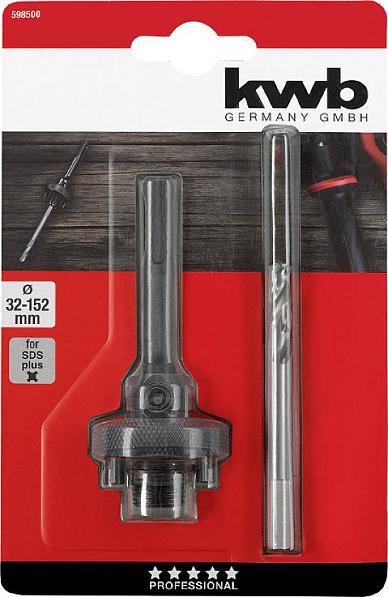 Verpackung mit einem sechsblättrigen Lochsägen-Aufnahmeschaft (32-152 mm) und einem Bohrer. Markenname 'kwb' oben rechts.