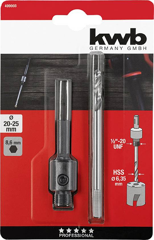 Verpackung für kwb Werkzeug-Set, bestehend aus einem HSS-Bohrer und Adapter in den Größen 20-25 mm. Enthält technische Details.