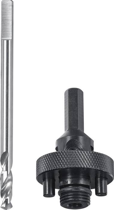 Bohrer mit Halterung; geeignet für Lochsägen. Dient zum Befestigen und Erweitern von Bohrlöchern in verschiedenen Materialien.