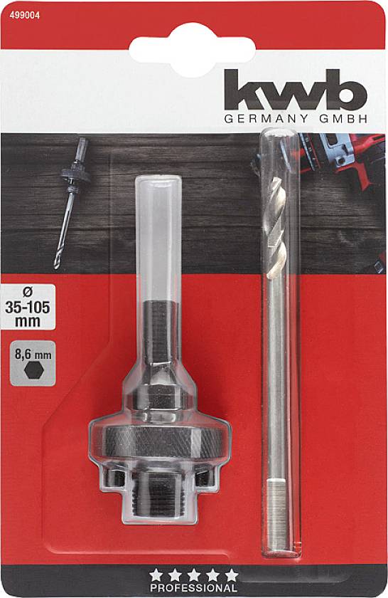 Verpackung mit einem verstellbaren Lochsäge-Adapter und einem Bohrer, geeignet für Löcher von 35 bis 105 mm, 8,6 mm Größe.