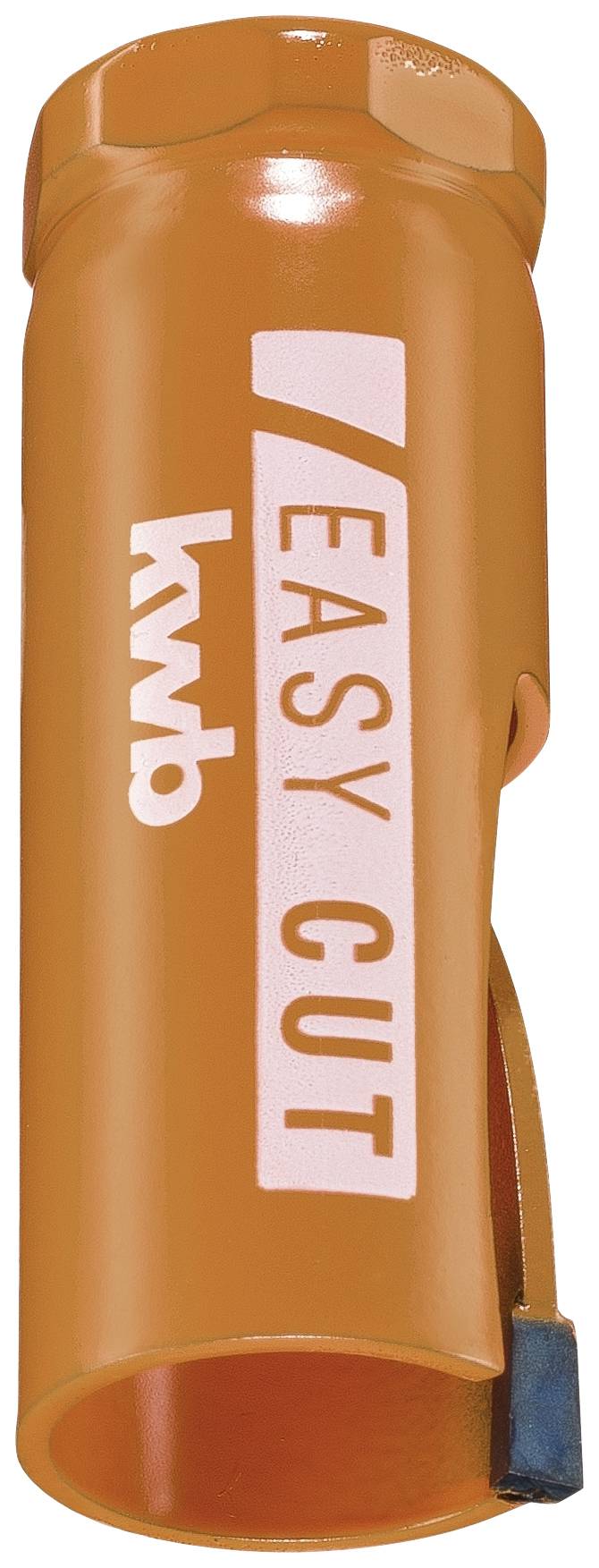 Ein orangefarbener Rohrschneider mit der Aufschrift 'EASY CUT' und 'kwb', geeignet zum Schneiden von Kunststoff- und Metallrohren.