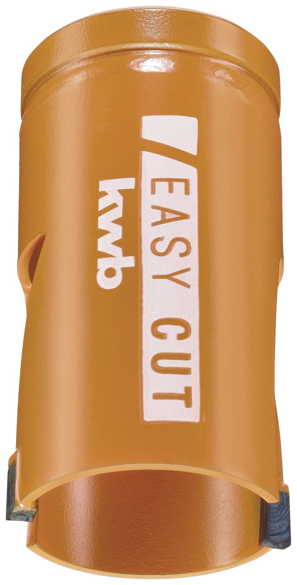 Ein orangefarbener Hohlbohrer mit der Aufschrift 'EASY CUT' und 'kwb', zum Bohren von Materialen ausgelegt.