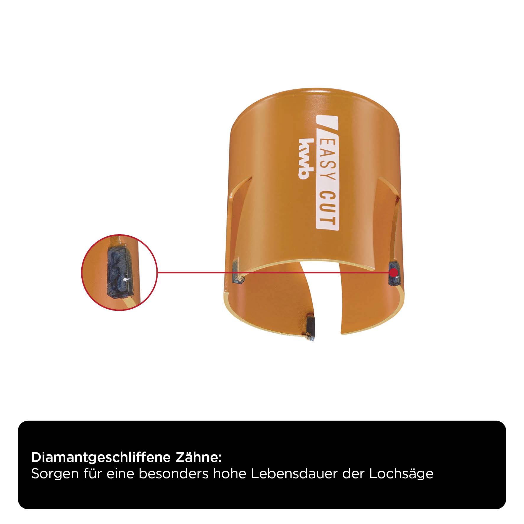Eine orange Lochsäge mit diamantgeschliffenen Zähnen, die eine hohe Lebensdauer bieten. Text: 'EASY CUT'.
