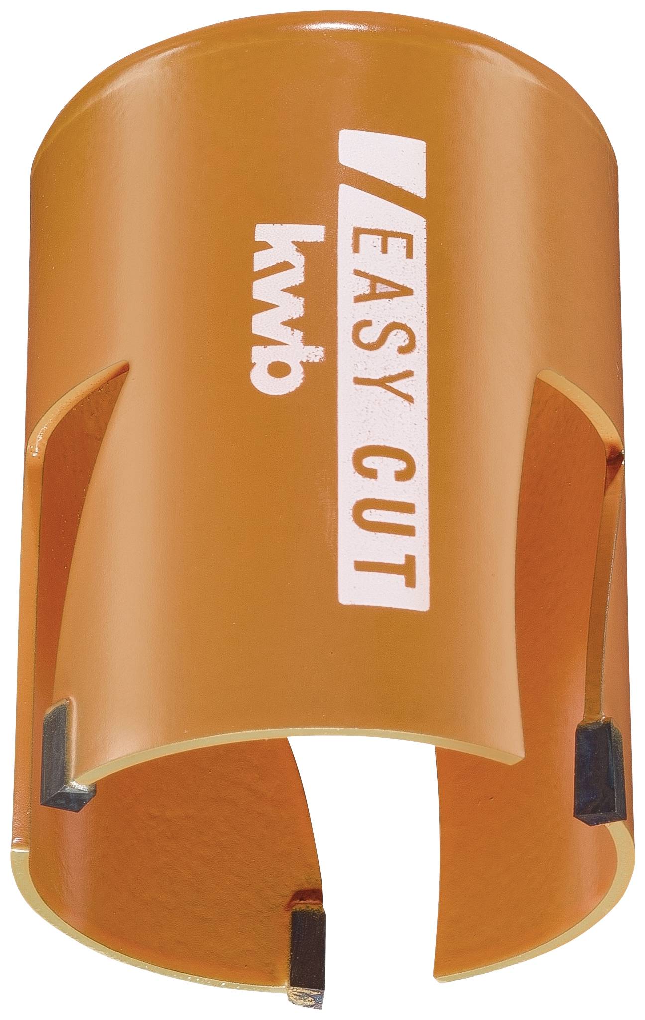 Ein orangefarbener Bohrkrone-Aufsatz mit der Aufschrift 'Easy Cut' und 'kwb', geeignet für präzises Bohren in Materialien.