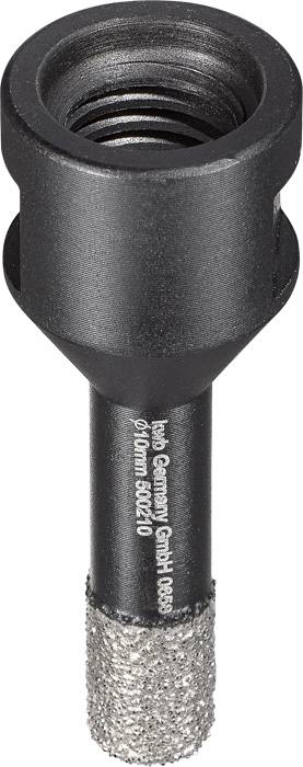 Schwarzer Bohraufsatz aus Metall mit glitzernder Spitze, geeignet zum Bohren in Fliesen oder Glas.