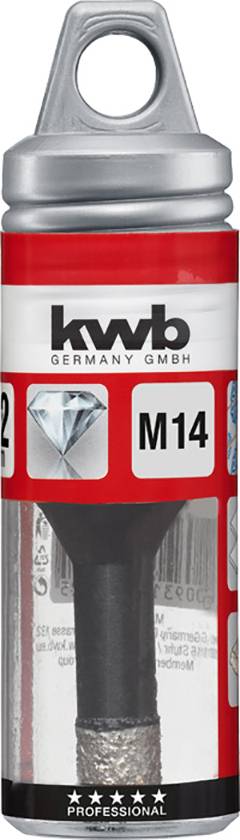 Bohrer mit diamantbeschichteter Spitze, Marke 'kwb Germany GmbH', Größe M14, geeignet für Keramik und Fliesen, in einer roten Verpackung.