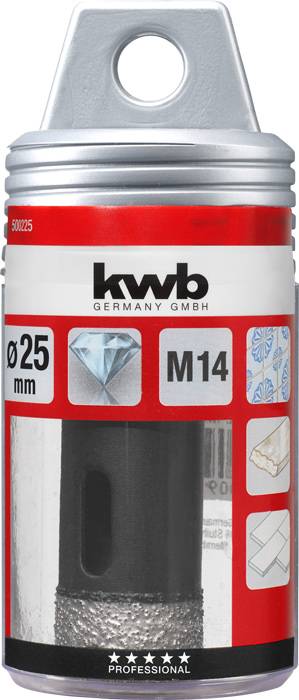 Bohrer mit 25 mm Durchmesser, M14-Gewinde. Verpackung von KWB Germany GmbH mit Abbildung eines Diamant-Symbols und Anwendungsbildern.