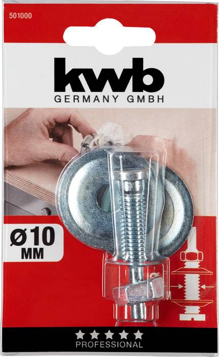 Verpackung mit einem Schraubenset der Marke 'kwb Germany GmbH', Durchmesser 10 mm, für professionelle Anwendungen.