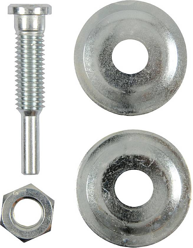 Metallschraube mit Mutter und zwei Unterlegscheiben auf weißem Hintergrund.