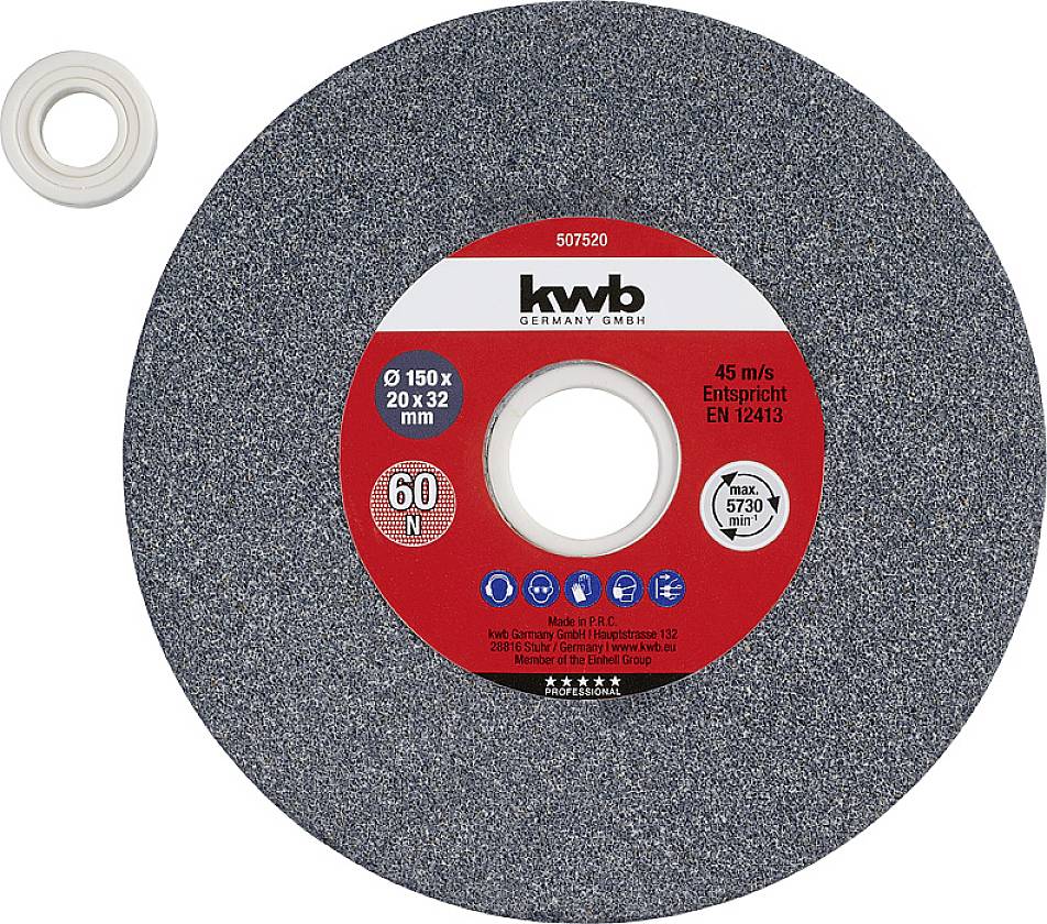 Schleifscheibe von 'kwb Germany'. Runder Schleifstein mit rotem Etikett in der Mitte, Durchmesser 150 mm, 60 N Körnung, maximal 5730 U/min.