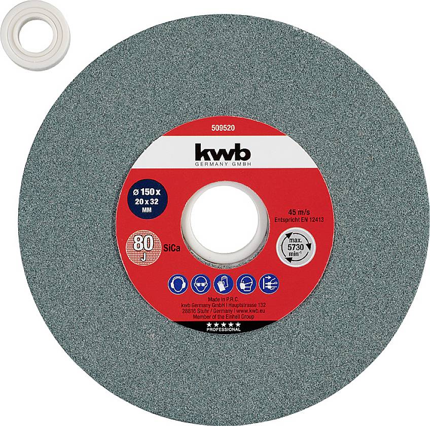 Abrasivescheibe mit rotem Etikett 'kwb GERMANY GMBH', Durchmesser 150 mm, Körnung 80, für Schleifarbeiten geeignet.