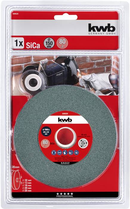 Schleifscheibe Ø 150 mm für Maschinen, Körnung 80, geeignet für Metall- und Holzarbeiten. Verpackung zeigt Anwendung und Markendetails.