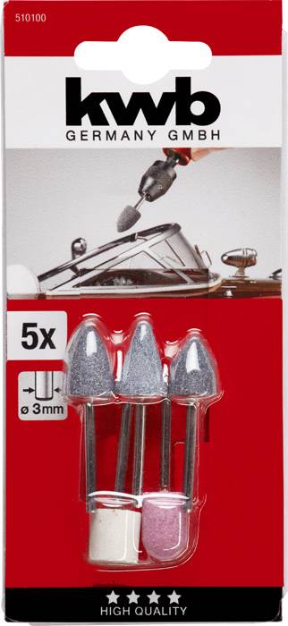 'kwb Germany GmbH'-Verpackung mit fünf rotierenden Schleif- und Polierwerkzeugen, geeignet für Dremel-Geräte, Durchmesser 3 mm.