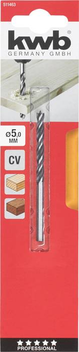 Bohrer 'kwb GERMANY GMBH', Durchmesser 5,0 mm, für Holz und Metall geeignet. Enthält Abbildungen von Holz- und Metallanwendung.
