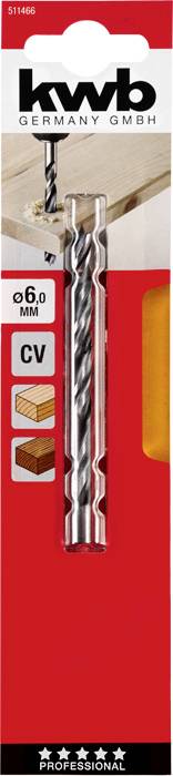 Bohrer für Holz und Metall, Größe 6,0 mm, auf rotem Karton. Markenname 'kwb Germany GmbH'. Geeignet für verschiedene Materialien.