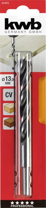 'Bohrer Ø13,0 MM CV' von kwb. Verpackung zeigt den Bohrer für Holz, Kunststoff und Metall, professionelle Qualität.