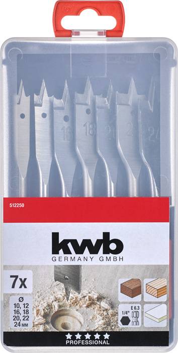 'Bohrer-Set' in Kunststoffbox mit sieben Flachbohrern für Holz. Aufschrift: 'kwb Professional'. Größen: 10, 12, 16, 18, 20, 22, 24 mm.