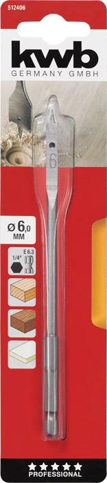 Metallbohrer in der Verpackung, markiert mit '6,0 mm', geeignet für Holz, mit Verpackungen und Holzbild. Marke: kwb Germany GmbH.