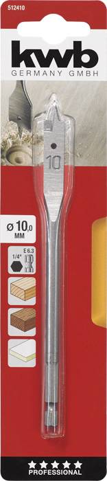'kwb Germany GmbH Flachfräsbohrer 10 mm' in roter Verpackung mit Bildern zur Anwendung in Holz und SDS Aufnahmesystem.