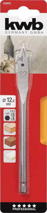 'kwb GERMANY GMBH' Forstnerbohrer in Verpackung, Größe 12 mm, geeignet für Holzarbeiten. Verpackung zeigt Bohrbeispiele und Bohrersymbole.