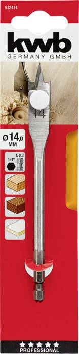 'Kwb GERMANY GMBH' Holzbohrer, Ø14,0 mm, geeignet für Holz, Laminat, Spanplatte, mit sechskantigem Schaft, auf rotem Hintergrund.